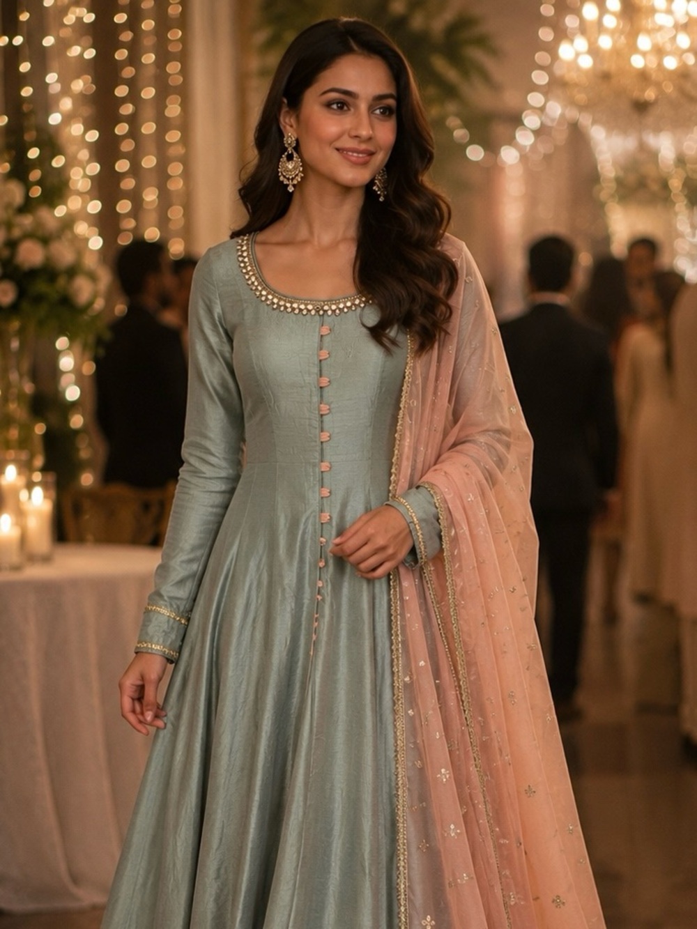 Embellished Gray gown and Peach Ethnic embellished dupatta